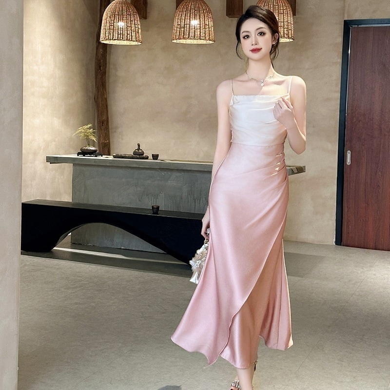 シルク キャミワンピース ピンク ドレス パーティー キャバ 着痩せ 大人 お呼ばれ 同窓会 披露宴 卒業式 結婚式 ウェディング 二次会 成人式