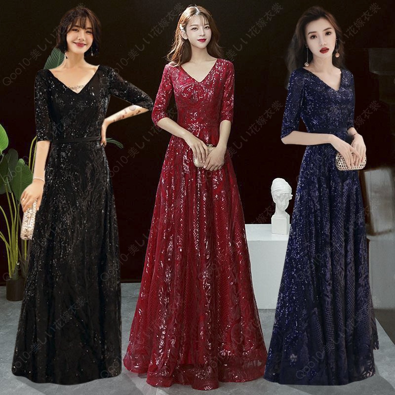 ロングドレス 演奏会 黒 ドレス パーティードレス 大きいサイズ 袖あり 袖付き 発表会 パーティードレス ステージ用 衣装 カラードレス Aライン ファスナー 厚サ-45