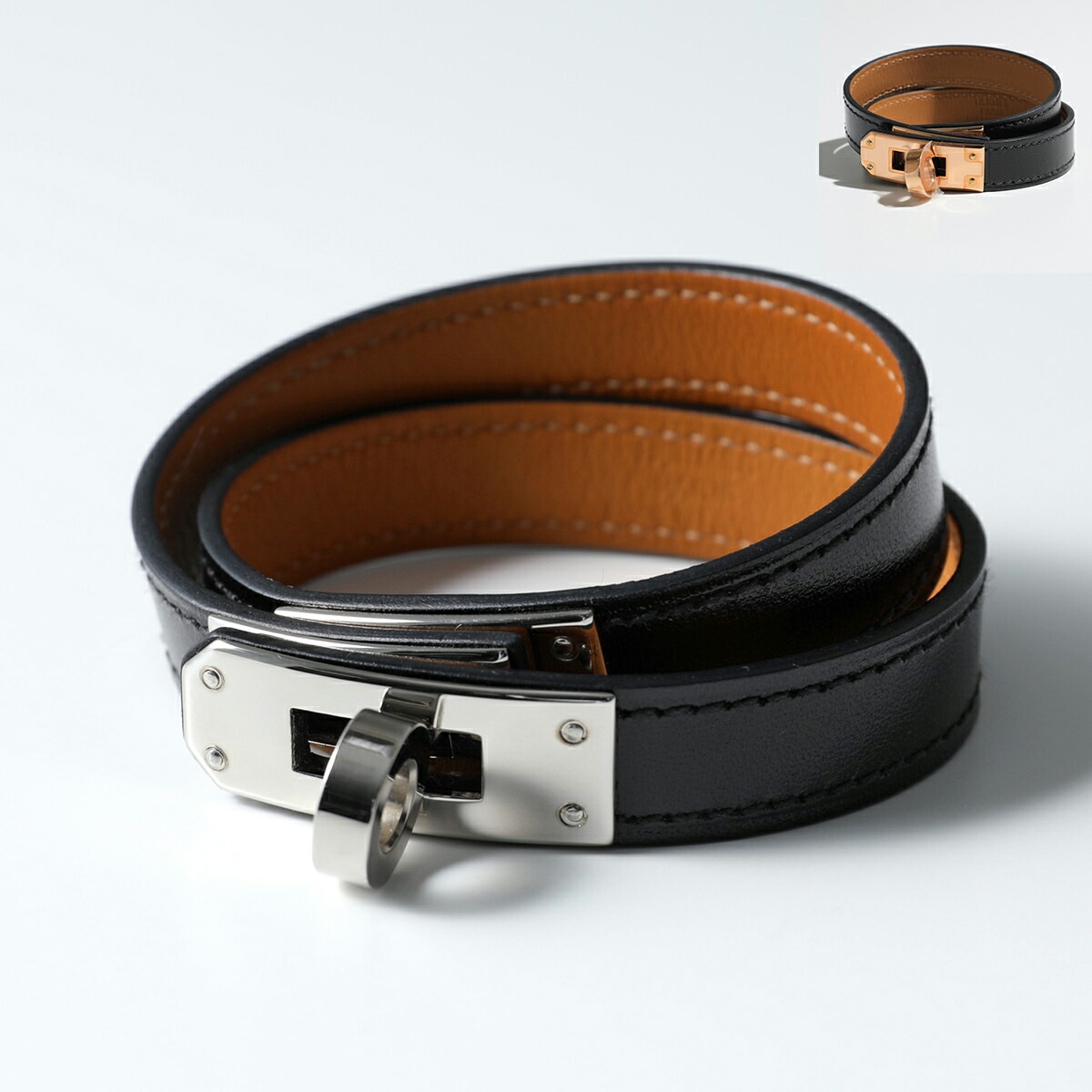 HERMES エルメス ブレスレット KELLY DOUBLE TOUR ケリードゥブルトゥール 063438CK 068438CD ボックスカーフ レザー ダブルラップ ロゴ刻印