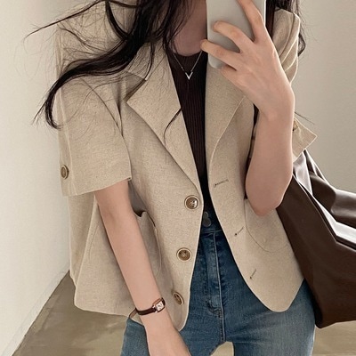 ジャケット レディース 5分袖 Vネック 襟付き ボタンダウン ストレート フォーマル フェミニン ポケット 前開き 大人可愛い きれいめ シンプル カジュアル 上品 おしゃれ 20代 オルチャン