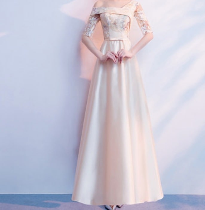 ワンピース ドレス Aライン フレア 膝下 ロング ワンショルダー ハイネック 細身 サテン 大人可愛い シンプル きれいめ 上品 春 夏 二次会 デート パーティー XL 2XL ベージュ