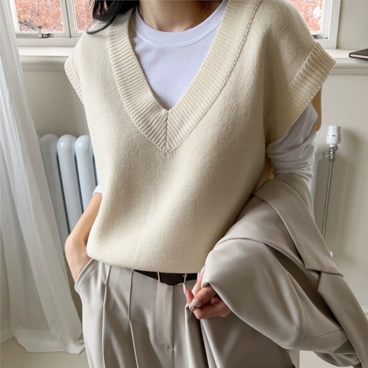 ニット ベスト Vネック リブ リブニット かわいい 大人可愛い シンプル カジュアル 大人 おしゃれ お洒落 大人女子 こなれ感 ラフ ルーズ 個性的 クール 存在感 抜け感 無地 春 秋 冬