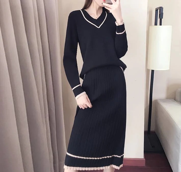 ニット セットアップ 長袖 レディース 膝下 秋 冬 ブラック バイカラー 2XL セーター スカート プリーツ Vネック きれいめ 大人可愛い おしゃれ フォーマル上品 シンプル お出かけ デート