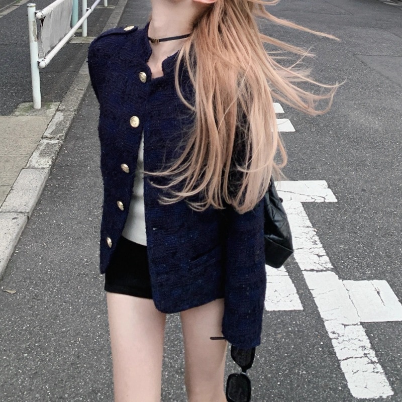 アウターファー毛皮アウターチャーリー1世ダークブルーゴールドボタン貴気高級感のある小香風コートジャケットラッシュ