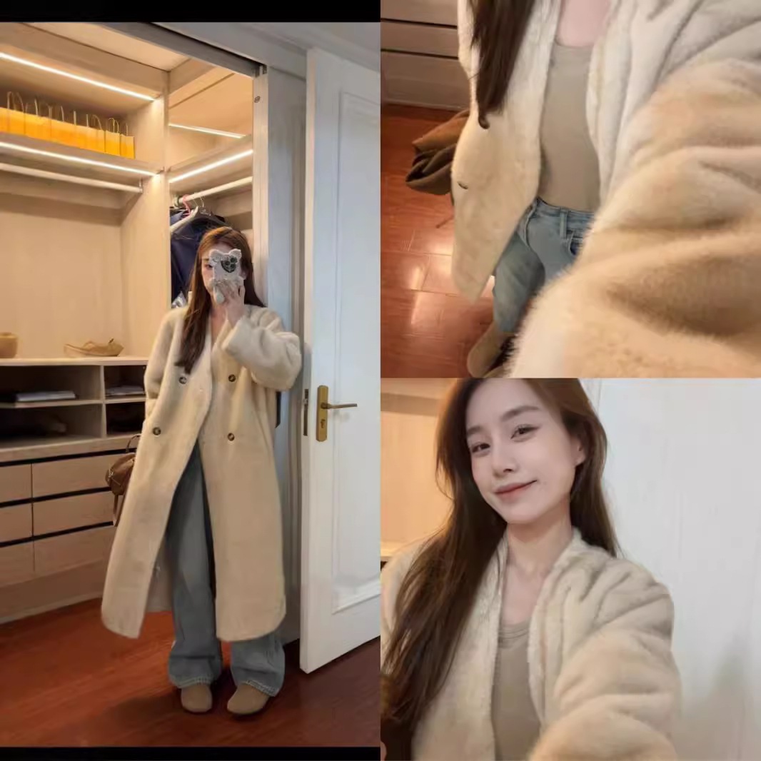 ファーオールインワンコート環境に優しいファーロングコート暖かく厚みのあるダブルブレストVネックミンクファーディアスキンベルベット