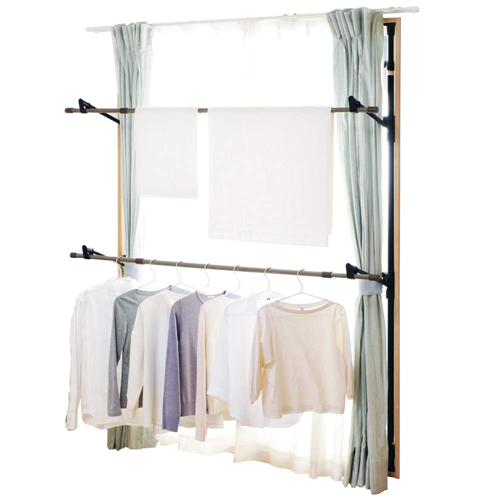 アイリスオーヤマ 窓を開けるだけで外に干さずに乾かせる窓枠洗濯物干し 約4人分 簡単設置 幅約110~190cm 高さ約190~260cm 木目調 ブラック MW-W260N