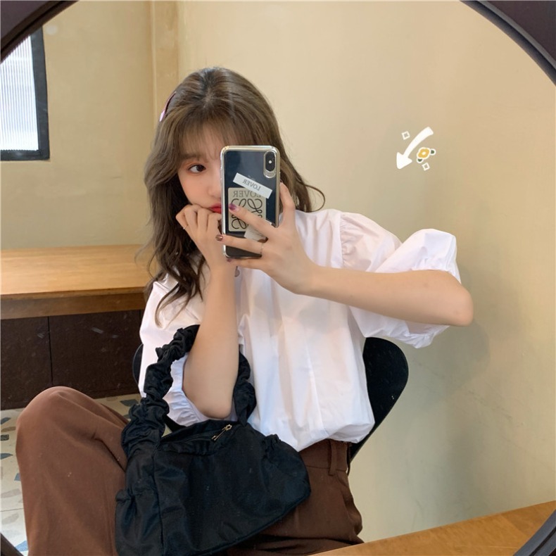 フレアシャツ ホワイト ブルー パープル トップス Tシャツ シャツ カットソー 半袖 ボリューム袖