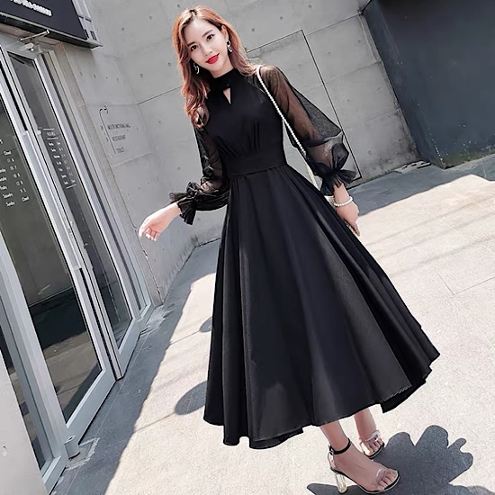 【取寄：納期2週間】結婚式ドレス イブニングドレス ランタンスリーブ 長袖 レース 発表会 演奏会 レディース フレアドレス 結婚式 ステージ衣装 ミモレ丈 エレガント ウエディングドレス