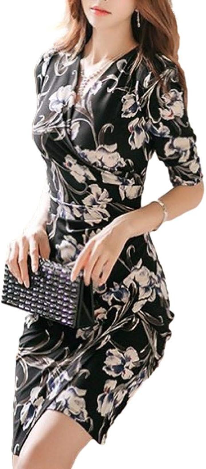 キャバドレス ミニドレス クラブドレス パーティードレス ワンピース タイト ミディ カシュクール 花柄 Vネック 五分袖 アシンメトリー スリット ひざ上(ブラック, L)