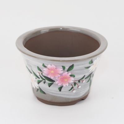 盆栽鉢 九谷焼 手書き桜 4号 幅12.5cm高さ7.8cm 陶器鉢 陶器 ミニ盆栽 ミニミニ 手書き桜 山野草鉢 植木鉢 絵付け 丸反型鉢 盆栽妙