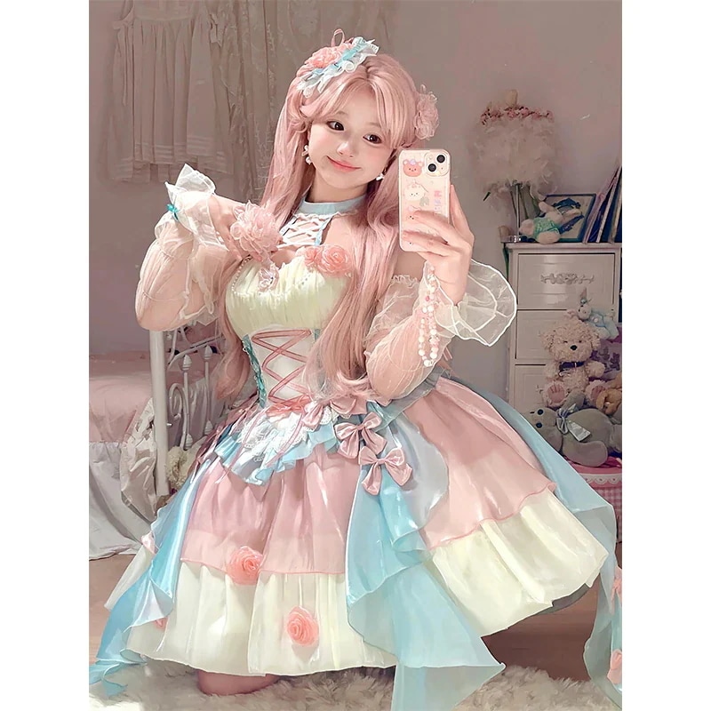 ピンクブルーロリータホルタードレスレディースドレスフラワーウェディングプリンセス