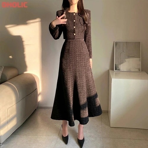 ウール混スクエアネックツイードショートジャケット&フレアスカートSET