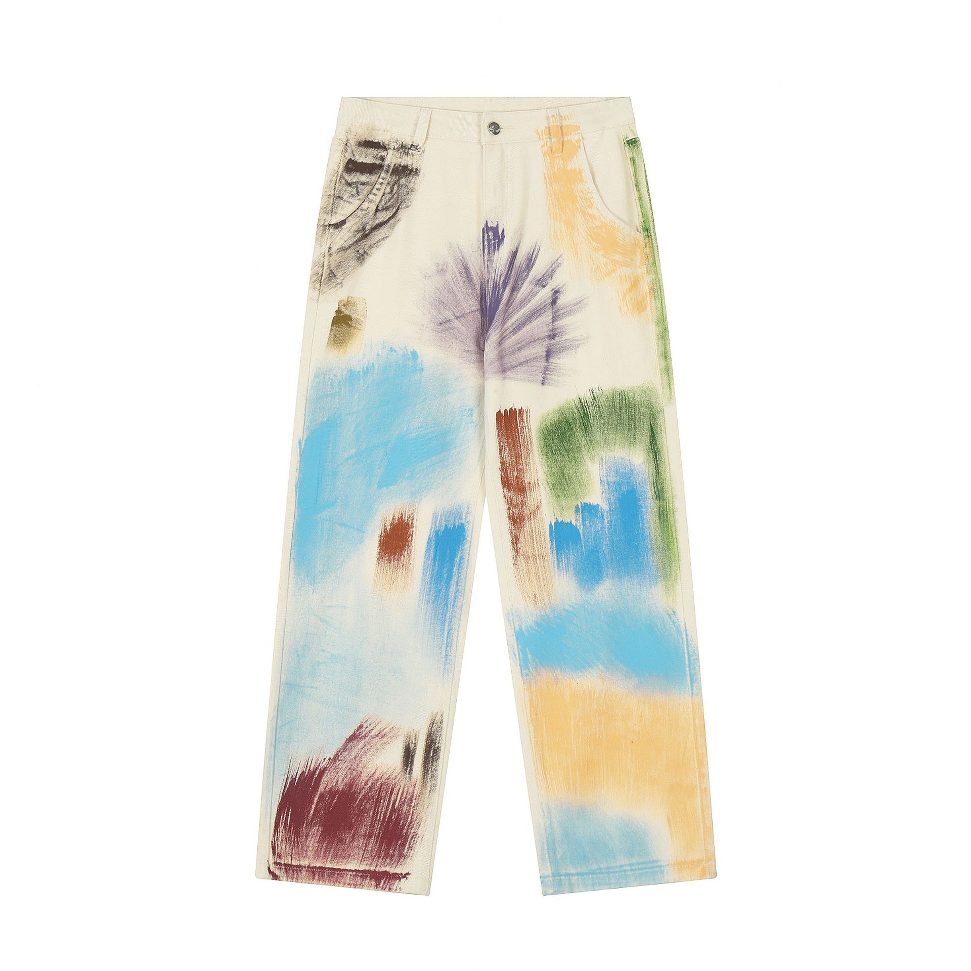 アメリカンレトロ手描きイントカラージーンズ夏ドーパミン風ゆるスリムストレートパンツ