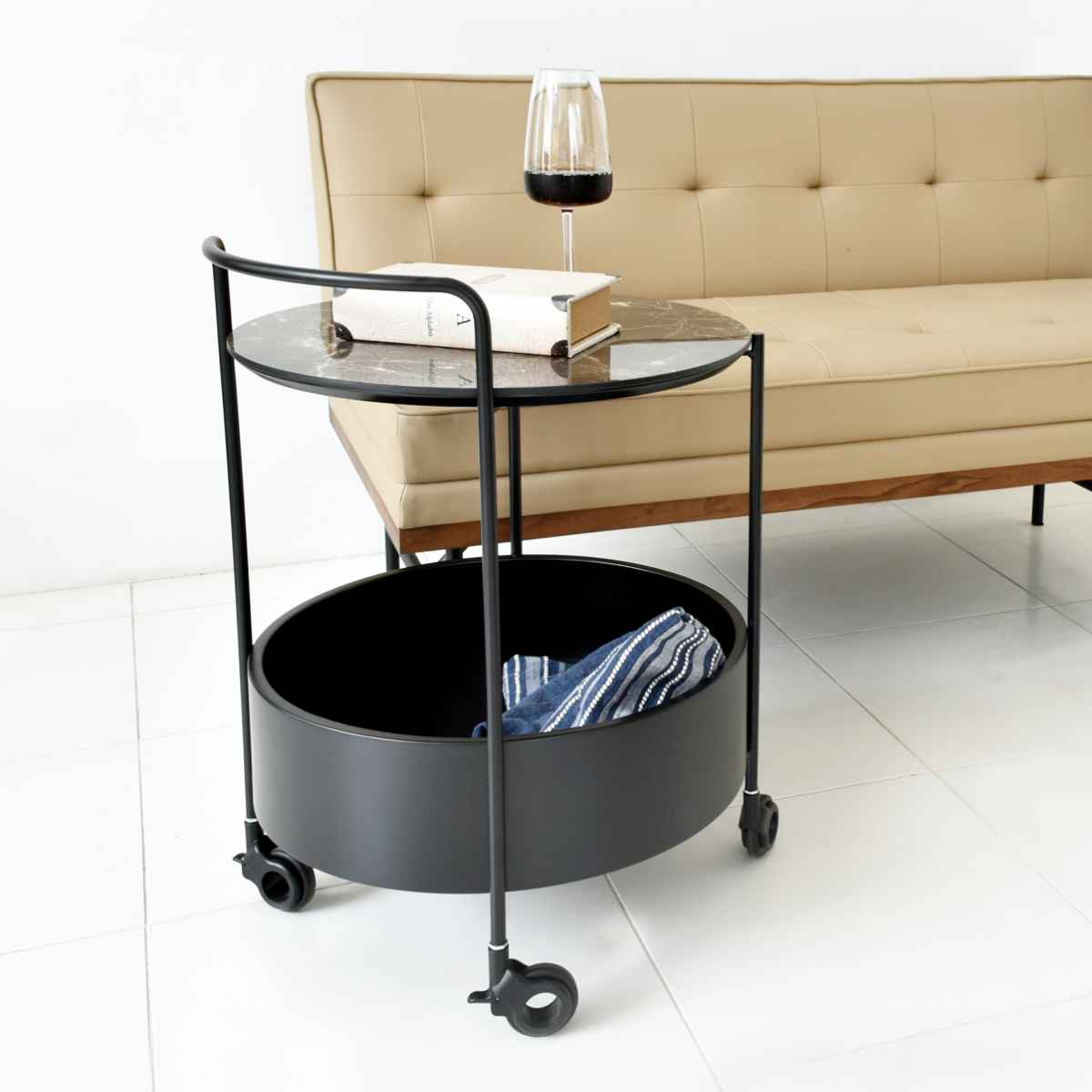 サイドテーブル キャスター 丸 収納 大理石柄 取っ手 ストッパー付き 高さ63cm ナイトテーブル ミニテーブル ソファ ベッド 横 ワゴン スタイリッシュ モダン 高級感 完成品