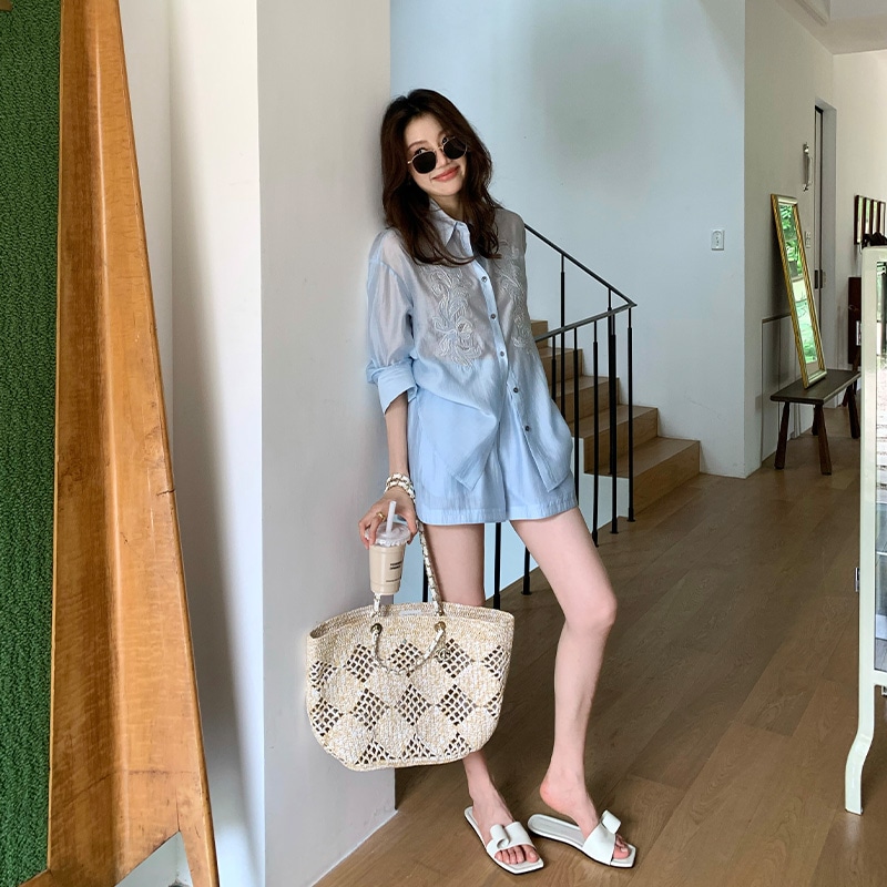 長いxierの夏セット女性2025新しいハイエンドラペル刺繍ラペルラペルラペルラペルラペルショーツ