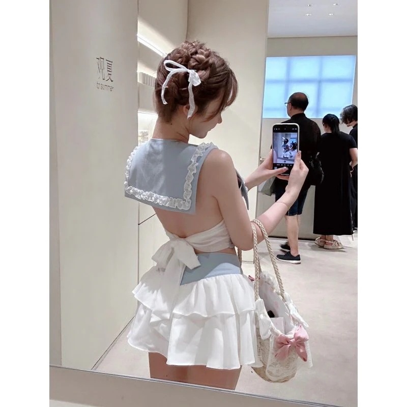 夏の新しいロリータガールネイビースウィートリボンカレッジスタイル2点セット