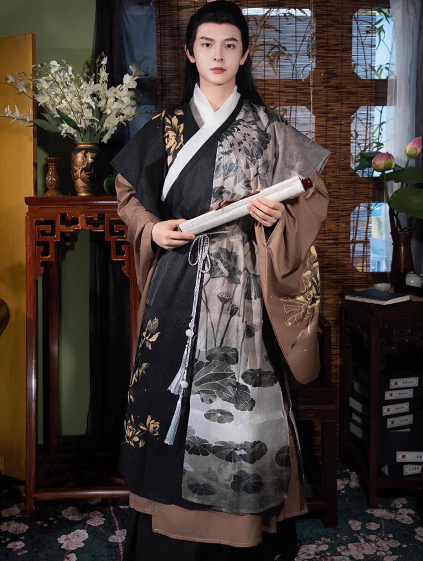 中華コスプレ衣装 大人 男女兼用 明朝 漢服 チャイナ服 振り袖 ロング丈 二重 交差襟 ブラウス 腰紐 山水 水墨 金色の蓮 ハス 道士 僧侶 ローブ 道服 道衣 法衣 コスプレ衣装 暗黒 おしゃれ