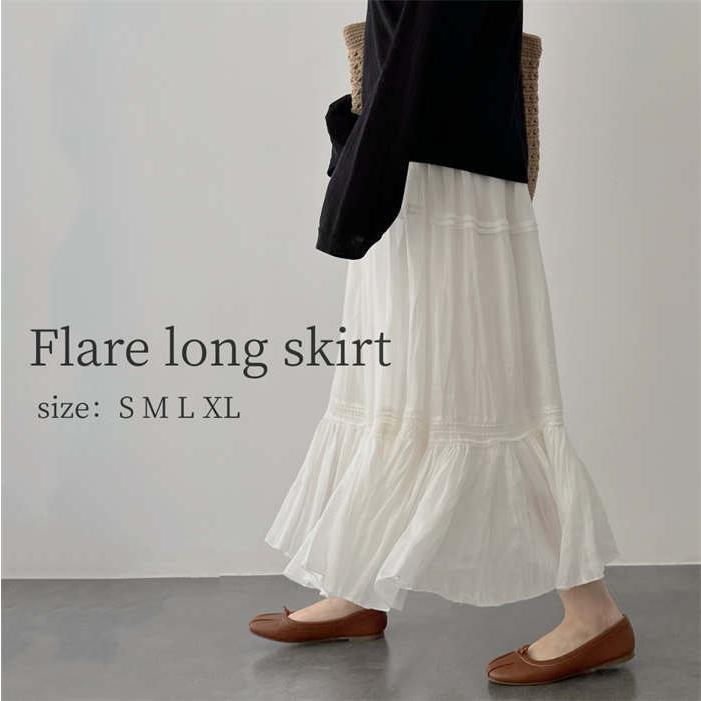 【即納今だけの特売】デート 通勤 セレブ ハイウエスト ウエストゴム 清涼感 無地 涼しい 薄手 UVカット フレア フレアスカート マキシ丈 レディース 裏地 ロング 春夏 スカート