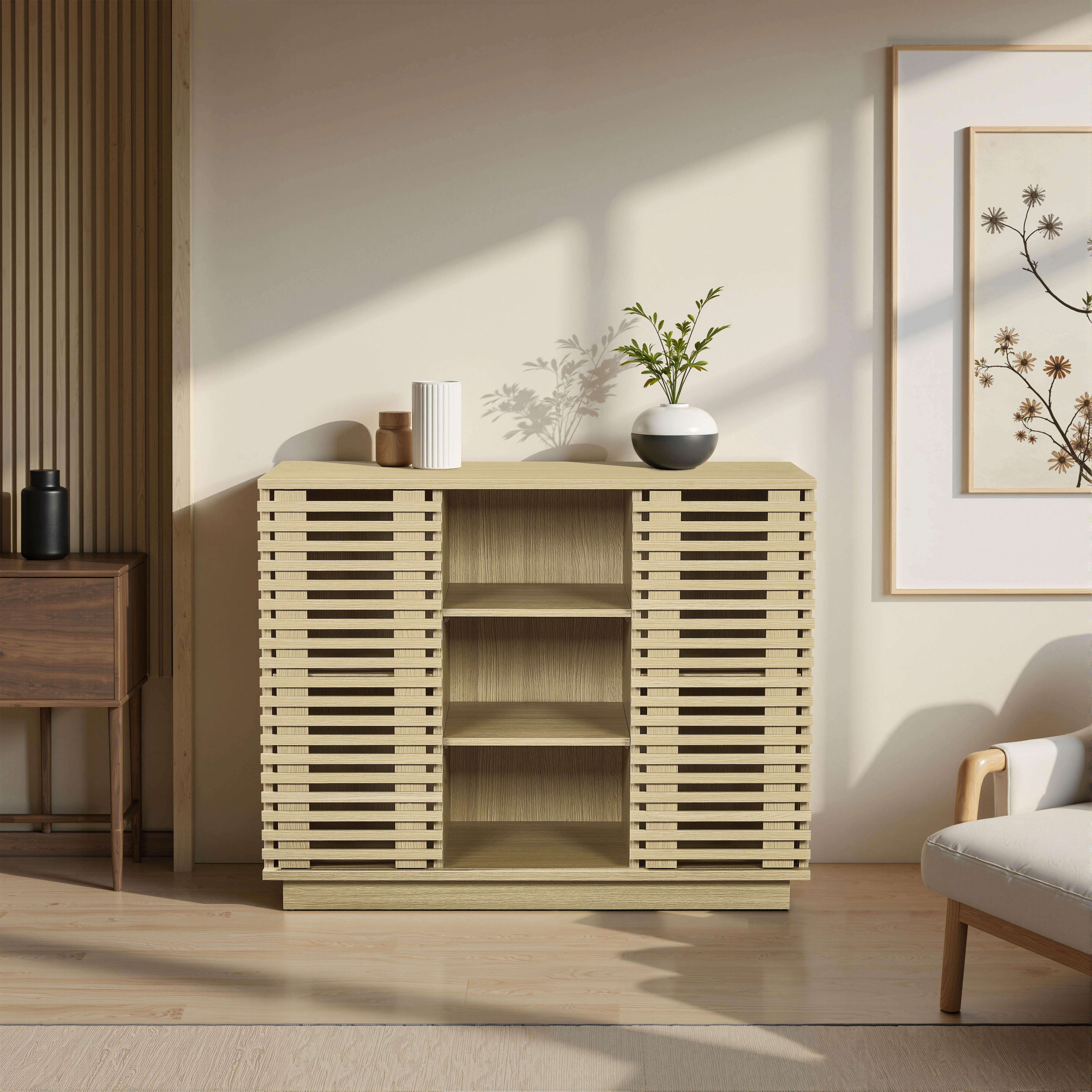 【安心保証付き204】オーク色のリビング収納キャビネットサイドボード収納キャビネット大容量収納キャビネット ムービングドア