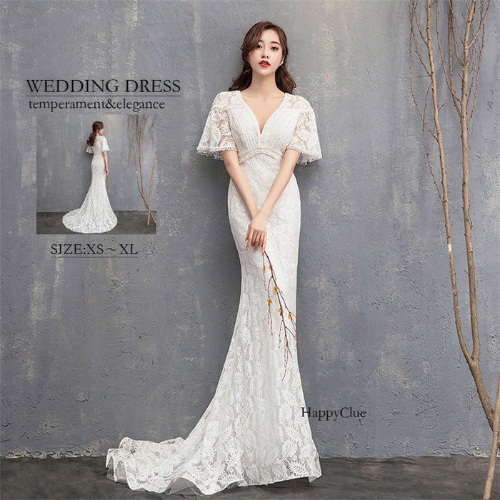 マーメードドレス レース 白 ウェディングドレス 二次会 フェミニン Vネック 上品 ブライダル 花嫁ドレス パーティードレス ロング トレーン ピアノ礼服 フォーマル 演奏会 発表会 レディース 半