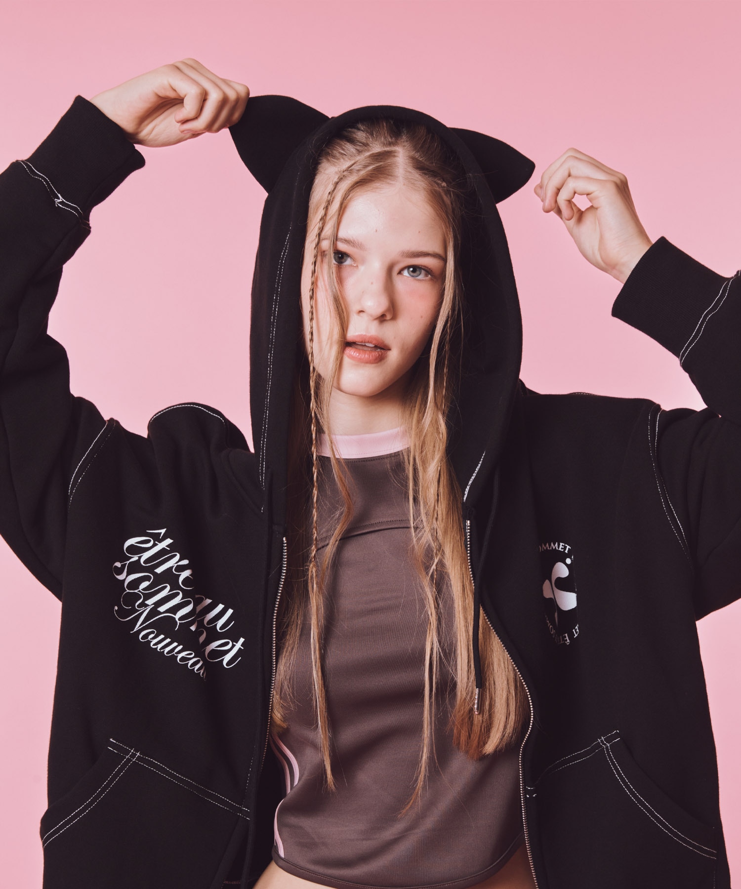 キャット フード ジップアップ (ブラック)