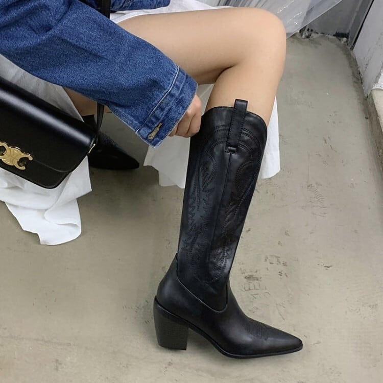 おしゃれ 人気 安い 激安 お得 レディース ロング ブーツ ウエスタンブーツ 厚底 7.5cmヒール チャンキーヒール 太ヒール ポインテッドトゥ PU 歩きやすい かっこいい カジュアル