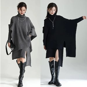 JFashionニットワンピ マントカバー＋ワンピ 2セット 不規則デザイン スリット レディース ワンピース ドレス ロングワンピース メガ割