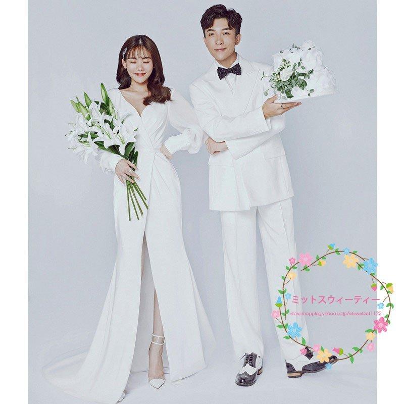 韓国ファッションウェディングドレス 二次会 撮影 披露宴 ウエディングドレス スリット 白 リゾートウェディング 長袖 前撮り 結婚式 フォトウェディング 海外挙式 ブライダル