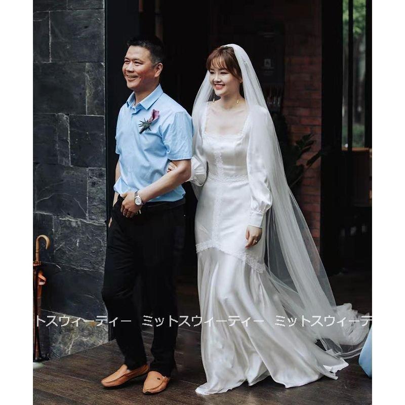 韓国ファッション演奏会 赤 ロングドレス 披露宴 ブライダル ウェディングドレス 結婚式 二次会 レース飾り 白 花嫁 aラインドレス ウエディングドレス パーティードレス 長袖