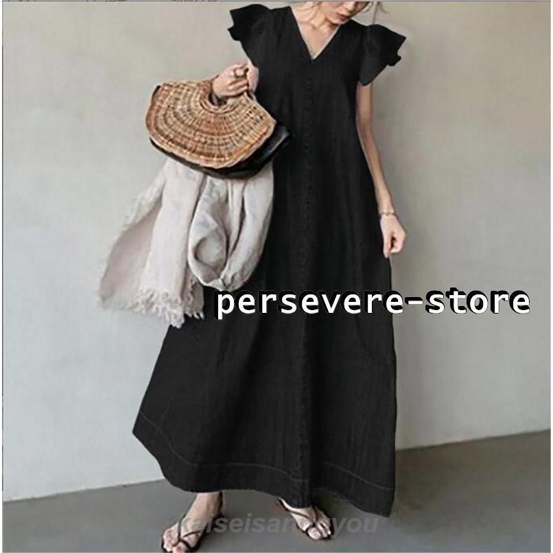 レディース ワンピース マキシワンピース デニム生地 ジーンズ布 ロング丈 袖なし フリル 秋 おしゃれ かわいい リゾート 袖フリル 夏 春 シフォン 旅行 海 デー