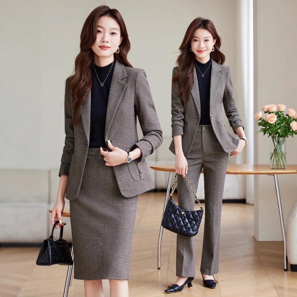 ライトブラウンウール混紡テーラードジャケット 秋冬 カジュアルオフィス 2 点セット スーツ セットアップ 入学式 卒業式
