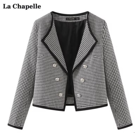 トップス レディース ジャケット 春服 夏服 秋服 長袖 Vネック ワイド ダブルブレスト インスタ映え 格上げ 華奢見え 細見え 着回し コーディネート スタイル 千鳥格子 ワンカラー S M L