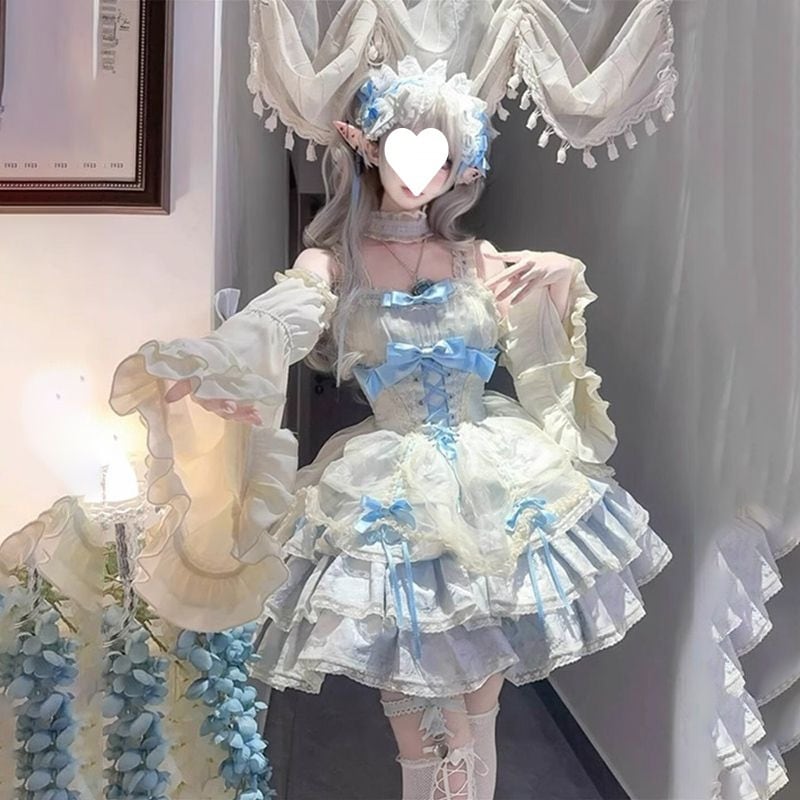 【急速発送】甘辛さが欲しい優しいバレエ風バースデーロリータワンピース女ブルーロリータキャミソールポンポンスカート秋の万能アイテム