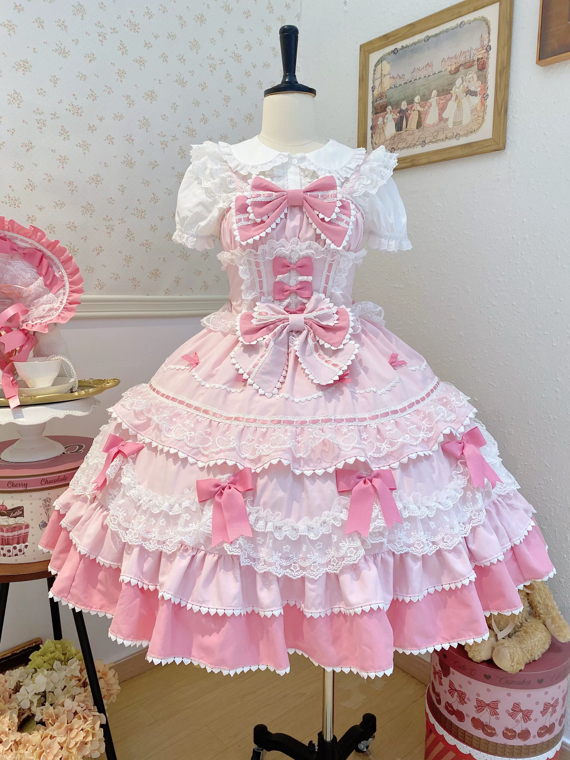 ロリータ ジャンスカ 甘ロリ 量産型 大きめリボン レース フリル お人形さん風 ベビーピンク ミントグリーン チョコレートブラウン 可愛い レディースファッション コスプレ イベント服