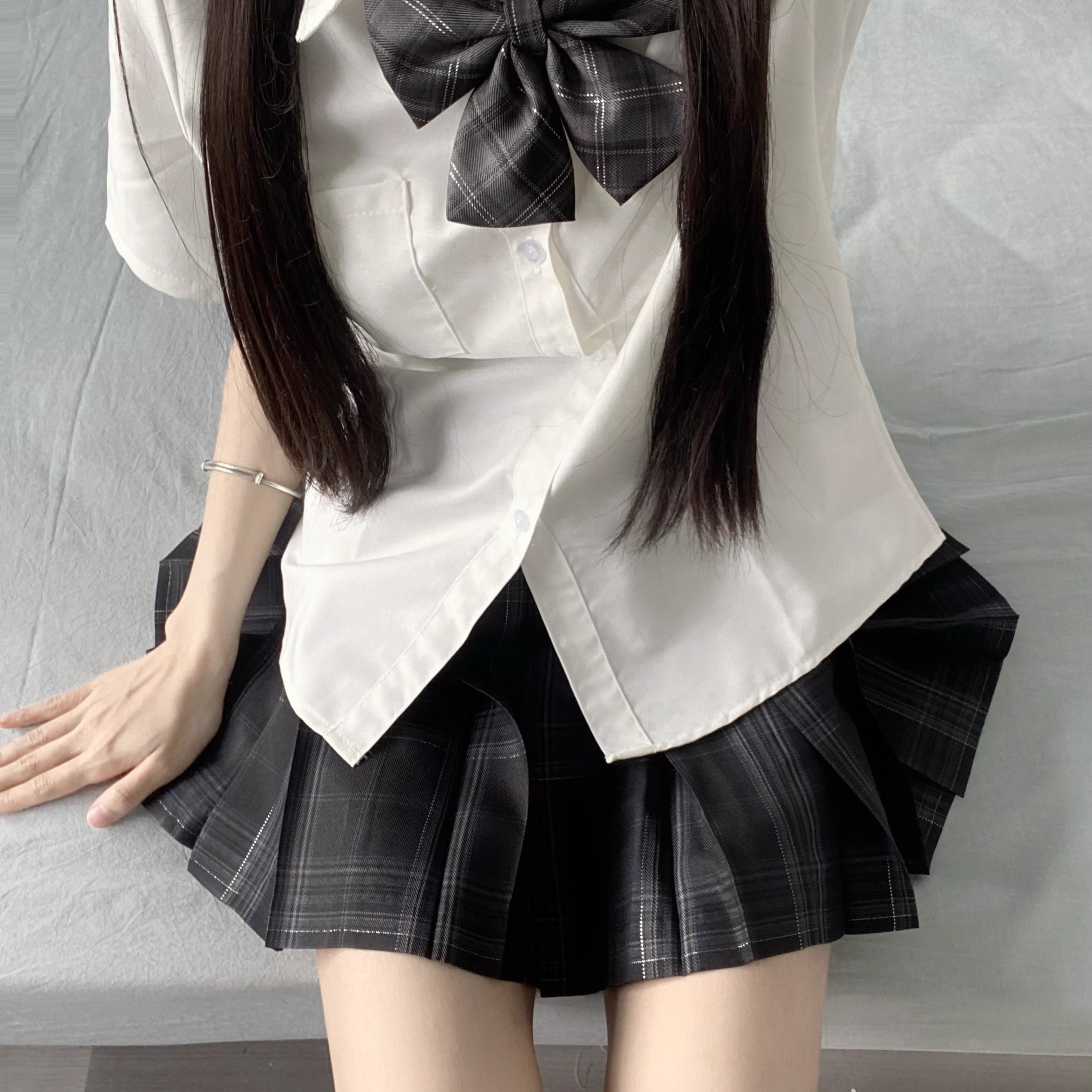 正規版オリジナルjkユニフォーム格スカート校供感学院半袖シャツウエスト高腰プリーツスカート夏