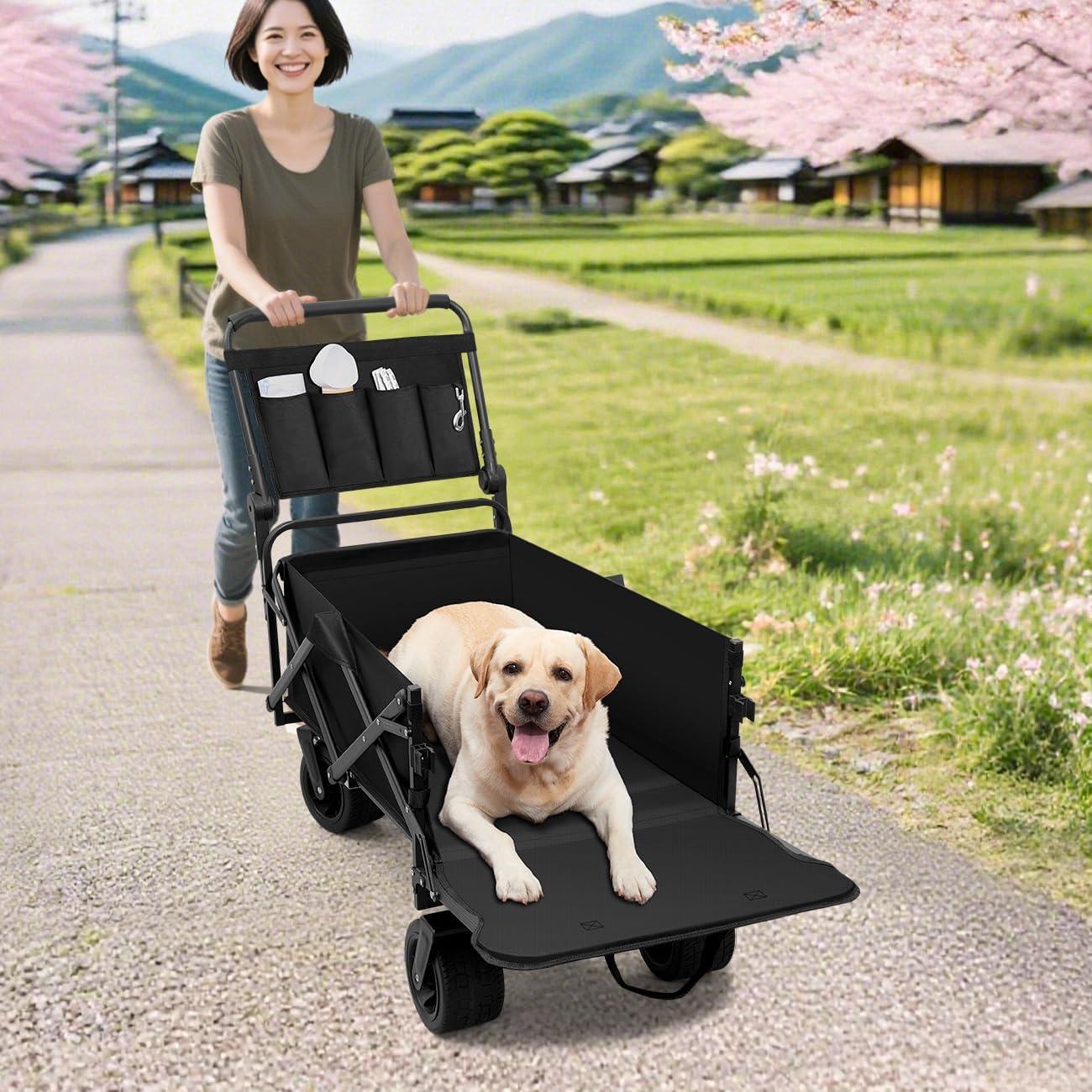 犬用カート 耐荷重73kg ワンタッチ折り畳み 開閉式ゲートドア コンパクト自立収納 多頭対応 ワイドタイヤ搭載 多地形対応 黒