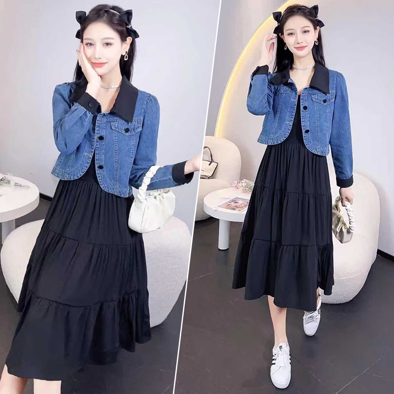 デニムドレス秋服2024新スタイル今年人気の婦人服洋風春秋ファッションツーピーススーツスカート
