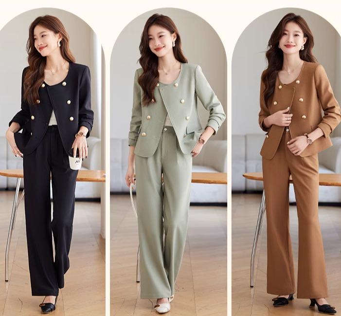 レディース パンツスーツ ビジネス セットアップ ラウンドネック ジャケット 黒 キャメル茶 薄緑 ストレート スリム ダブルブレスト 金ボタン おしゃれ 上品 エレガント フェミニン シック モード