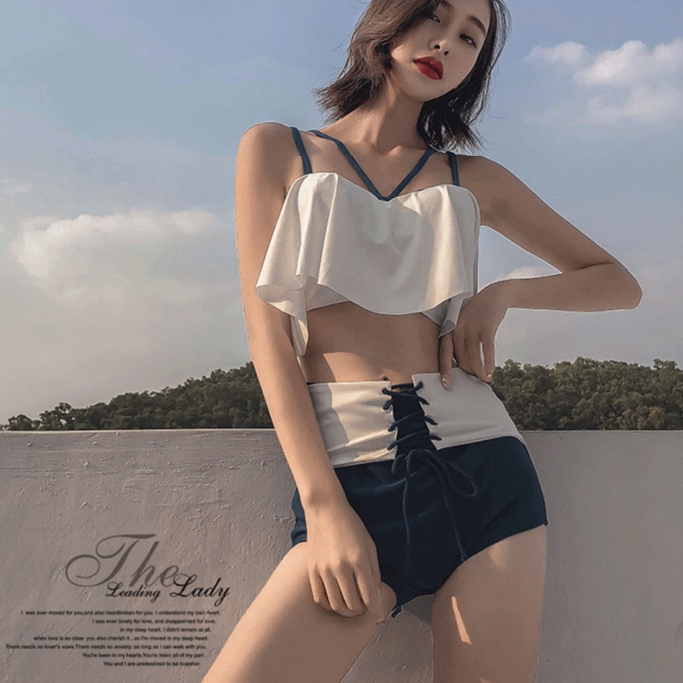 水着 ビキニ スイムウェア タンキニ 体系カバー水着 ショートパンツ セパレート パッド付き 紐 体系カバー フレア ノースリーブ リボン フリル レースアップ セット 上下セット 2点セット 12,417円