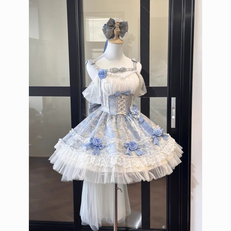 ガールズガーデンピンクブルージャガード生地ロリータガーリースウィートガールプリンセス風ショートスカートキキョウロリータ