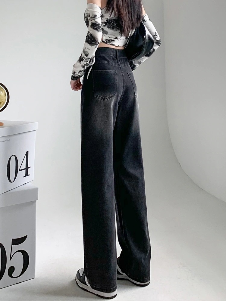 黒とグレーのジーンズ女性春の新しいしわ加工デザインセンスlハイウエスト細いワイドパンツドレープドラッグズボン