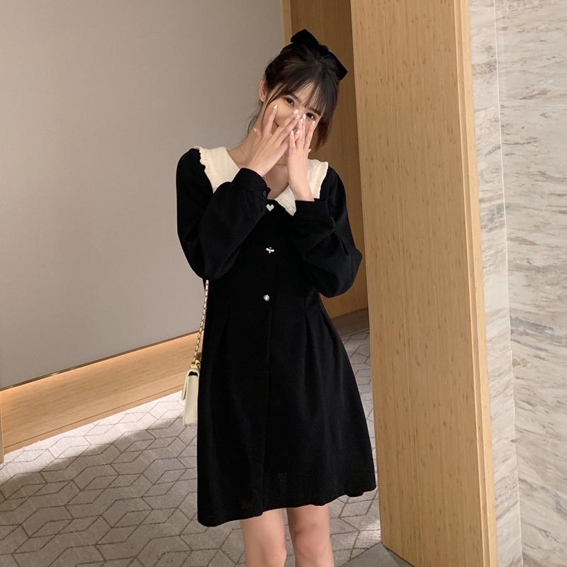 ワンピース フレアワンピース ミニ丈 ショート ショート丈 膝上 袖あり 長袖 Vネック 襟付き