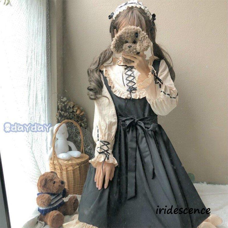 レディース 長袖 黒 フレアフリルワンピース ロリータ Lolita ドレス 膝丈 スカート 可愛い 大きいサイズ ゴスロリ ゆめかわ