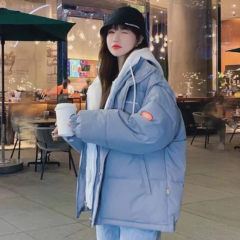 [急速出荷]スウェットキャップダウンコットンジャケット女性冬新しい韓国風語バージョン緩いシンプルな学生が厚くパン服ジャケット 冬アウター(最安値保証)
