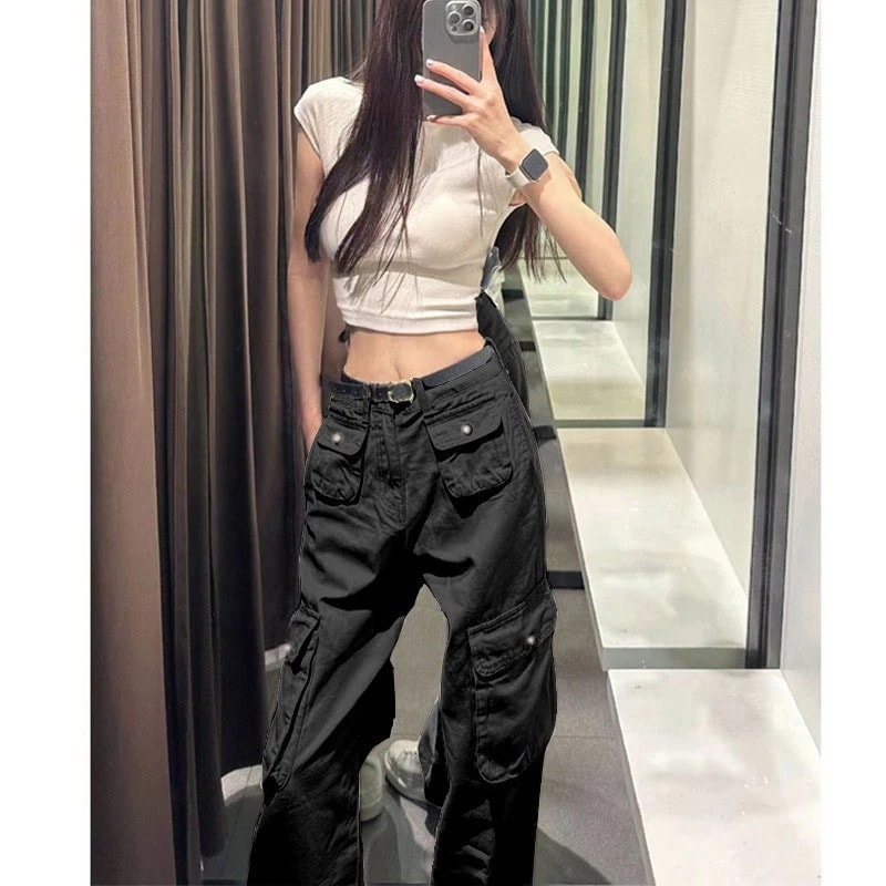 長めのトール 175 アメリカンデザインブラックオーバーオールレディース春カジュアルマルチポケットワイドレッグパンツ