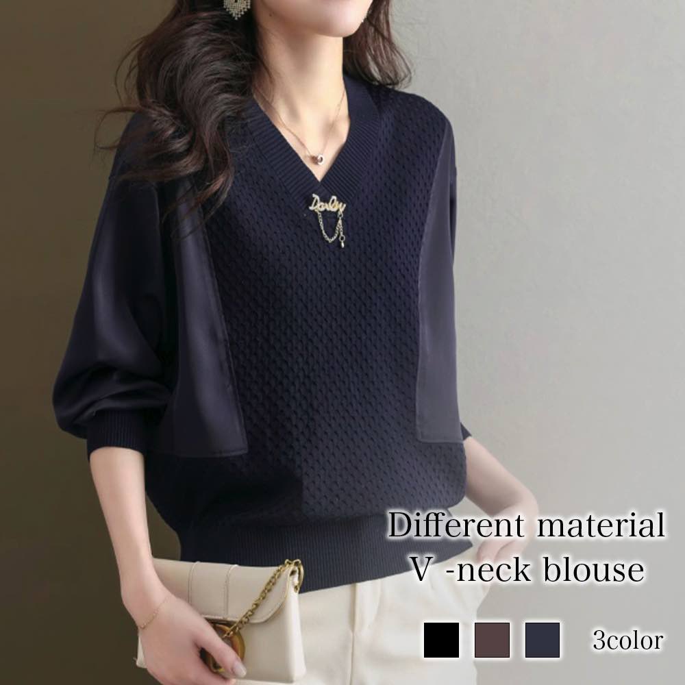 ブラウス レディース 異素材Vネックブラウス フリル ブランド きれいめ スーツ ワンピース 長袖 カットソー 冬 Tシャツ ノーアイロン 事務服 高品質 オフィス レース 黒 おしゃれ ボウタイ 春