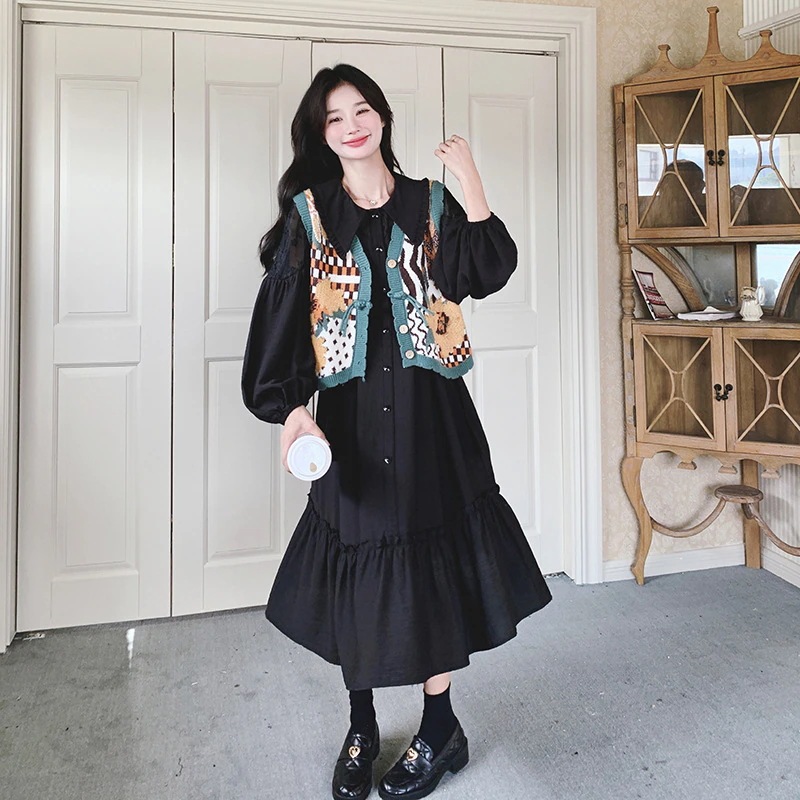 ブラックドールカラーワンピースセット女性春と秋2024新しい甘い年齢削減ニットカーディガン2点セット