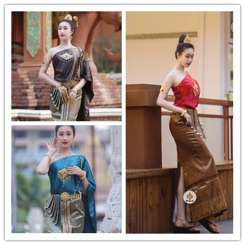 高級タイ民族ドレス衣装女性正装礼服レディース 伝統的な花柄 上着 スカート豪華おしゃれ東南アジア民族シワーライ 三点セット