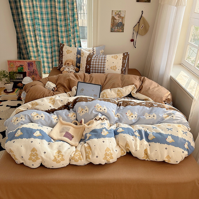小清新 フェアアイル キャット コットン100% ベッド4点セット かわいい カートゥーン 純綿 シーツ カバー 3点セット