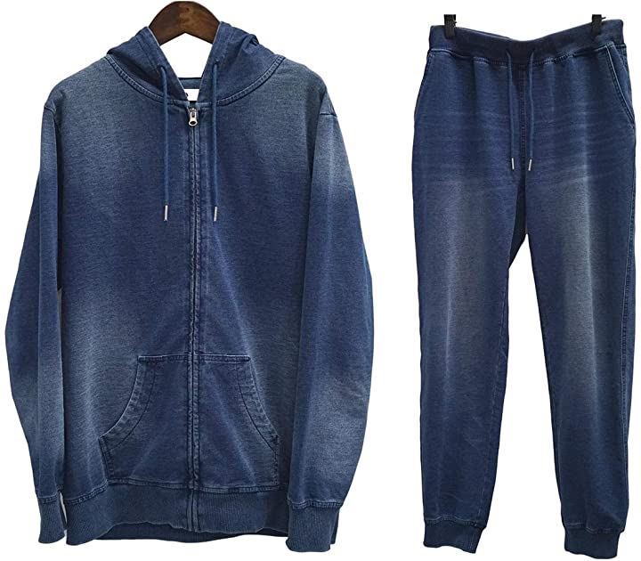 スリーピングシープ 爽やか サーファー 気分 柔らか ストレッチ ニットデニム セットアップ メンズ パーカー トレーナー ジョガーパンツ スウェット( ネイビー（上下セット）, M)